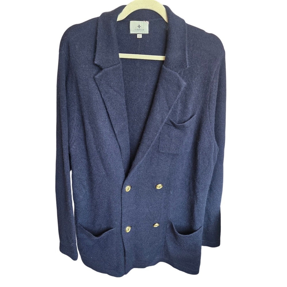 Tuckernuck 100% Cashmere Knit Blazer Long Navy Blue Pockets XL Minimalist Preppy